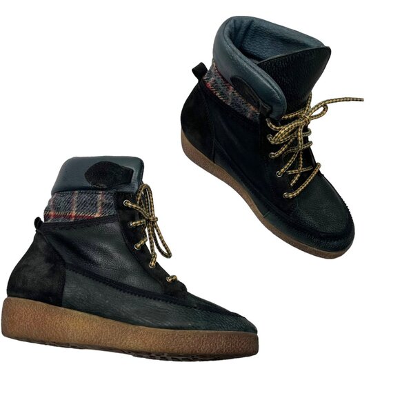 coolway Black Leather Plaid trim Lace Up Ankle Boots US 7 - Picture 1 of 14